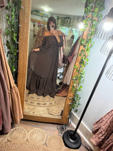 Load image into Gallery viewer, Brown linen cotton ruffle me right up reclamation dress ready to ship gown