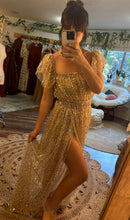 Load image into Gallery viewer, Wonderland two piece reclamation dress in beaded gold ready to ship