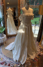 Load image into Gallery viewer, Ready to ship one of a kind ivory low waist corset gown with linen tier skirt (extra detachable sleeves)