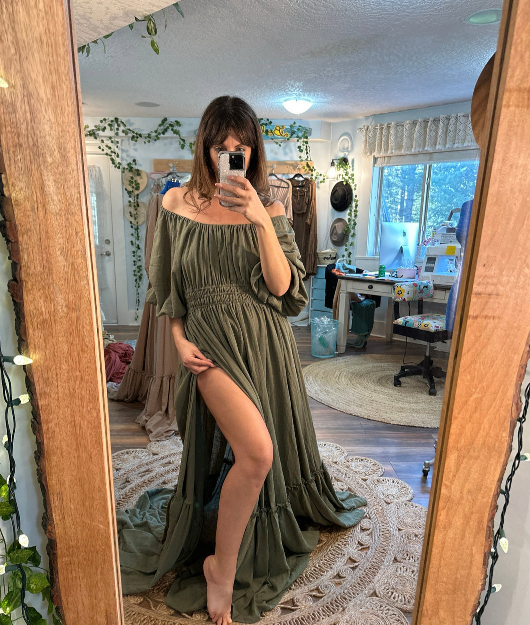 Preorder allow 6-8 week olive cotton linen ruffle me right up dress maternity friendly