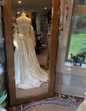Load image into Gallery viewer, Ready to ship one of a kind ivory low waist corset gown with linen tier skirt (extra detachable sleeves)