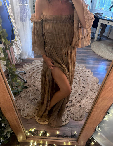 Chiffon delight tan ready to ship dress