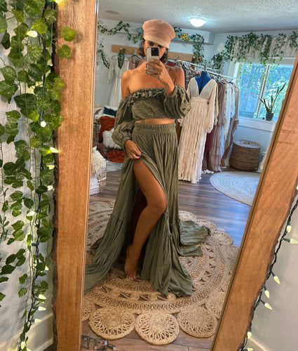 Ready to ship olive linen cotton Kismet two piece dress