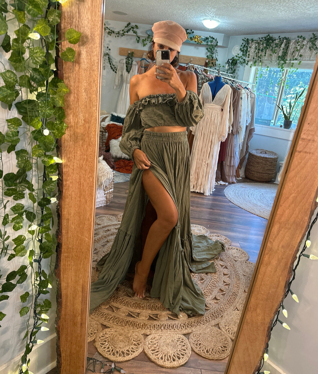 Ready to ship olive linen cotton Kismet two piece dress