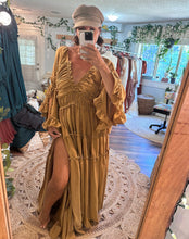 Load image into Gallery viewer, Mustard linen cotton Fearless Hearts dress preorder allow 6-8 week (reversible)