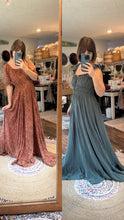 Load image into Gallery viewer, Two dress deal prairie hearts (reversible)hand dye cotton print and always and forever green blue dress spring sale