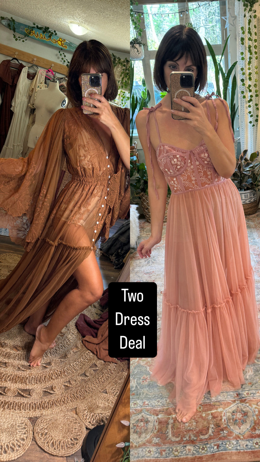 Ready to ship two dress deal  brown lace bloom where you are robe dress, hey babe dress pink random stuff sale