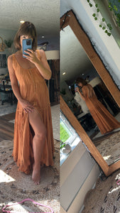 Ready to ship mustard tan dress sleeveless backless