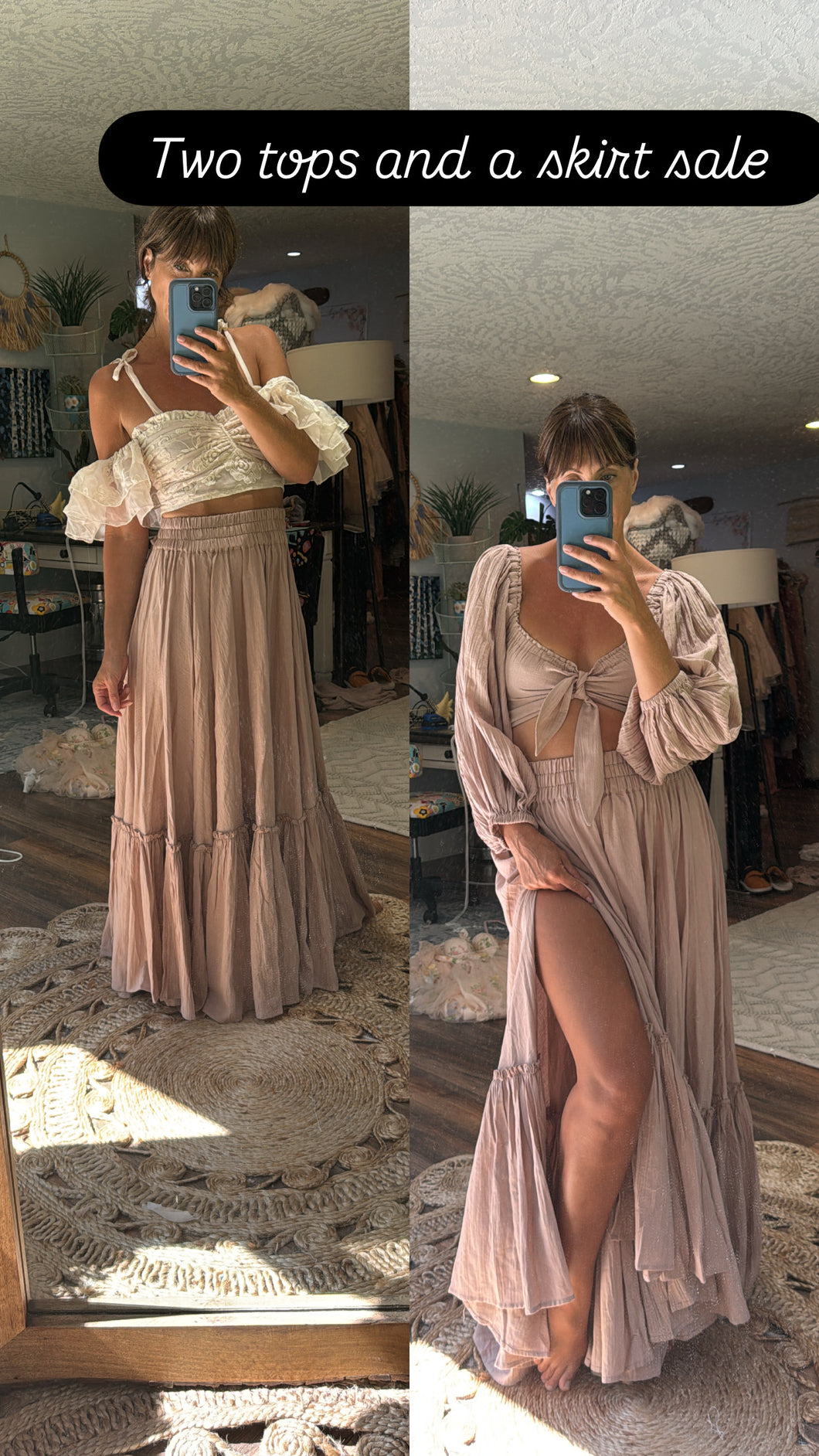 Bring it beige two piece with lace poetry top ready to ship sale