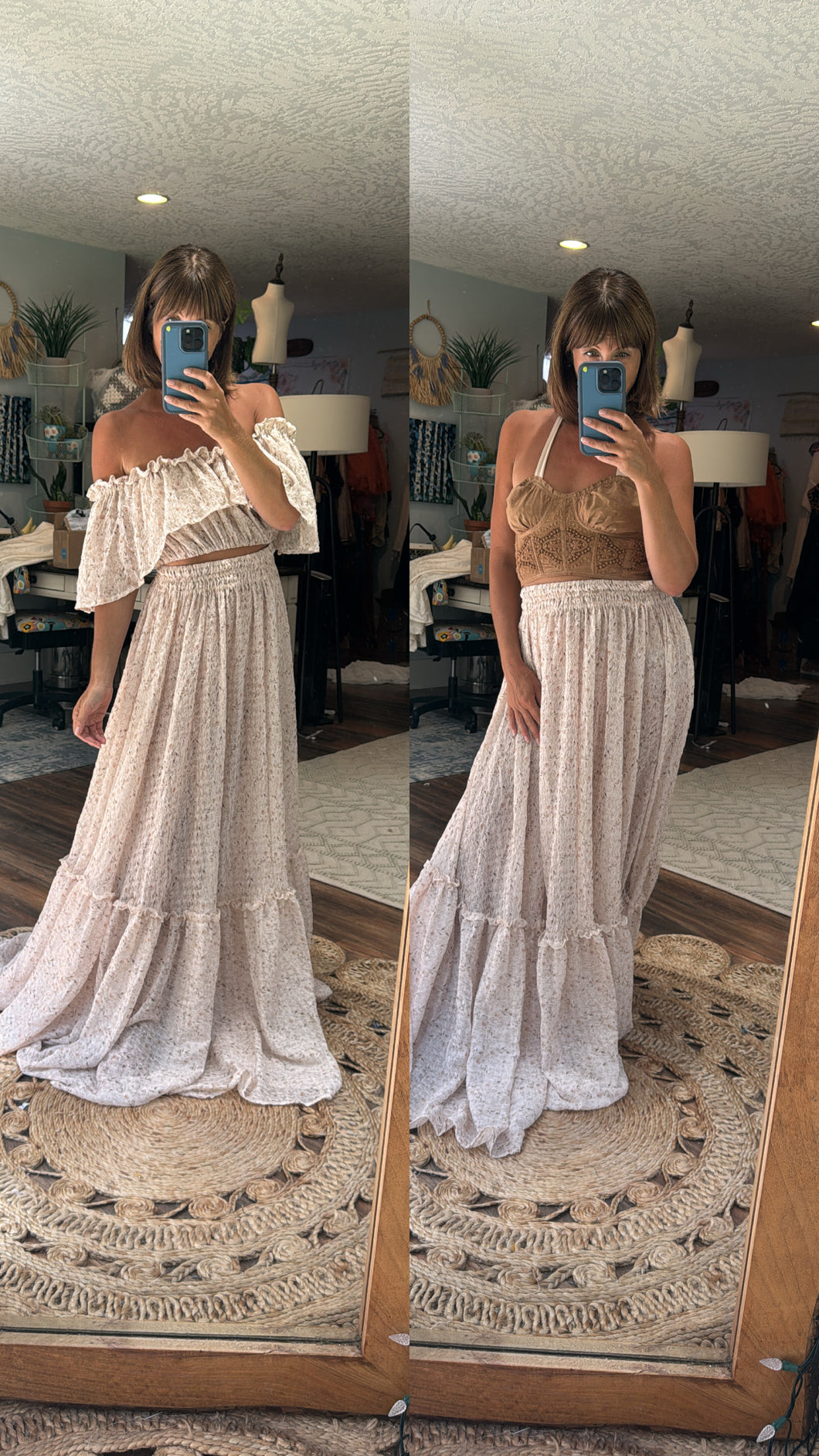 Ready to ship show off those shoulders two piece crinkle dress with one of a kind hand dye top