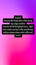 Load image into Gallery viewer, NO BUTTONS- Needs aug5 Custom piece - fully lined in linen cotton -sleeves sheer lightest ivory chiffon dreams like these dress (ballon sleeve ruffle elastic cuff) long ruffle along neckline/back edges