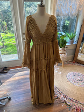 Load image into Gallery viewer, Mustard linen cotton Fearless Hearts dress preorder allow 6-8 week (reversible)