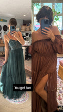 Load image into Gallery viewer, Two dress deal hand dyed teal hey babe dress and  Dark brown crinkle you glow girl tiered version ready to ship dress