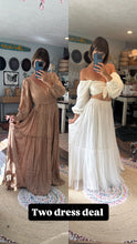 Load image into Gallery viewer, ready to ship two dress deal beige tan daydream dress in gauze and Bring it off white with tulle overlay two piece dress