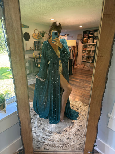 Ready to ship sale teal robe with pearls