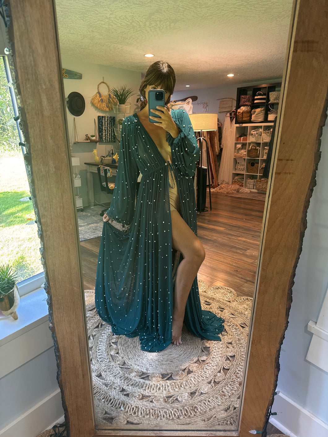 Ready to ship sale teal robe with pearls