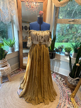Load image into Gallery viewer, (New) Preorder new style allow at least 6-8 week - custom dress oh lover mustard linen cotton with short fluttery sleeve and embroidered overlay