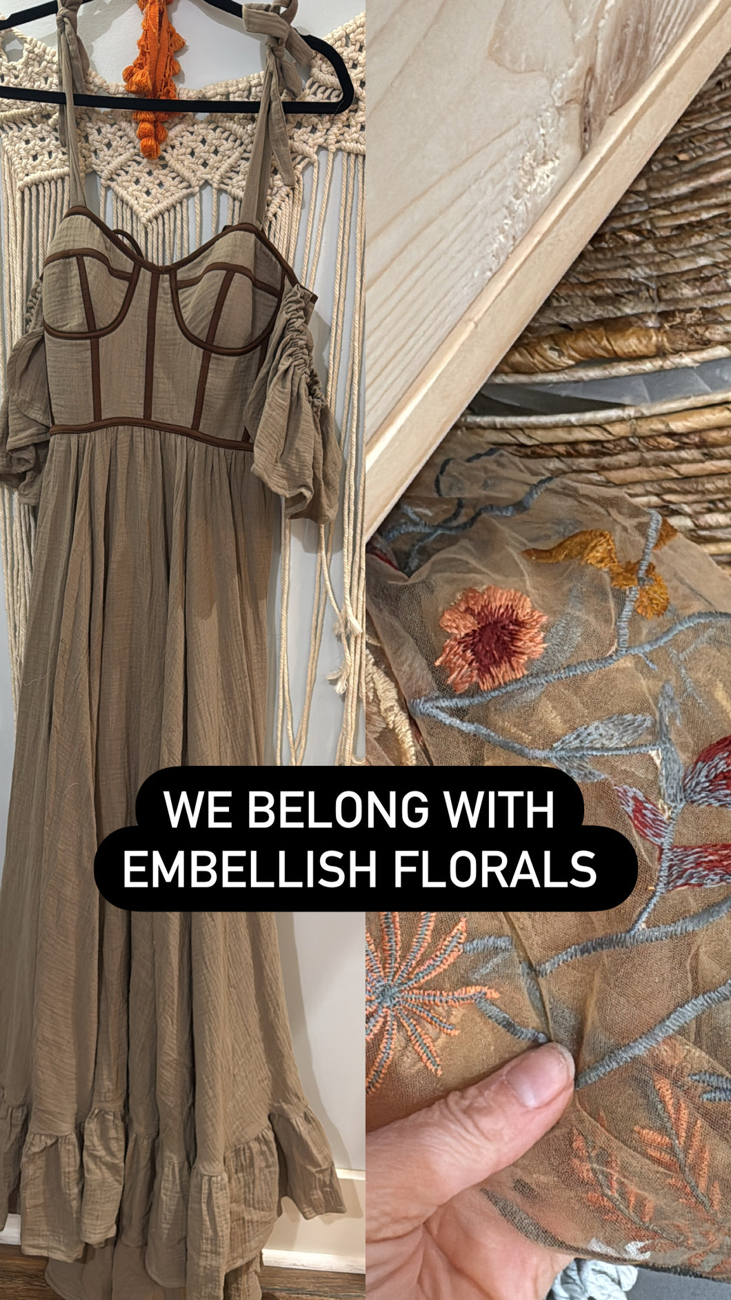 Custom tan we belong with embroidery florals