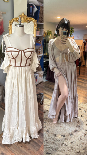 (Two dress deal) We belong white with brown trim ready to ship on sale with beige bring it piece